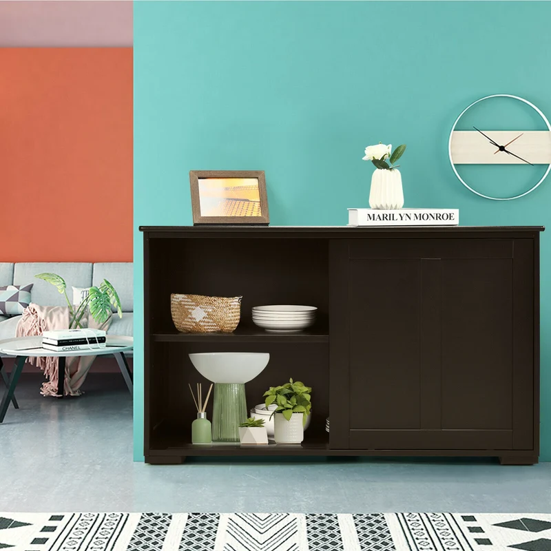 Kitchen Storage Cabinet, Wood Sliding Door, Brown