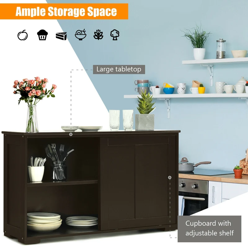 Kitchen Storage Cabinet, Wood Sliding Door, Brown