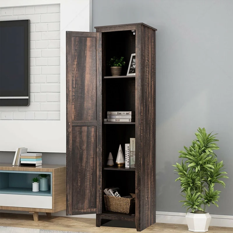 Tall Slim Linen Tower Bathroom Storage Cabinet, Walnut