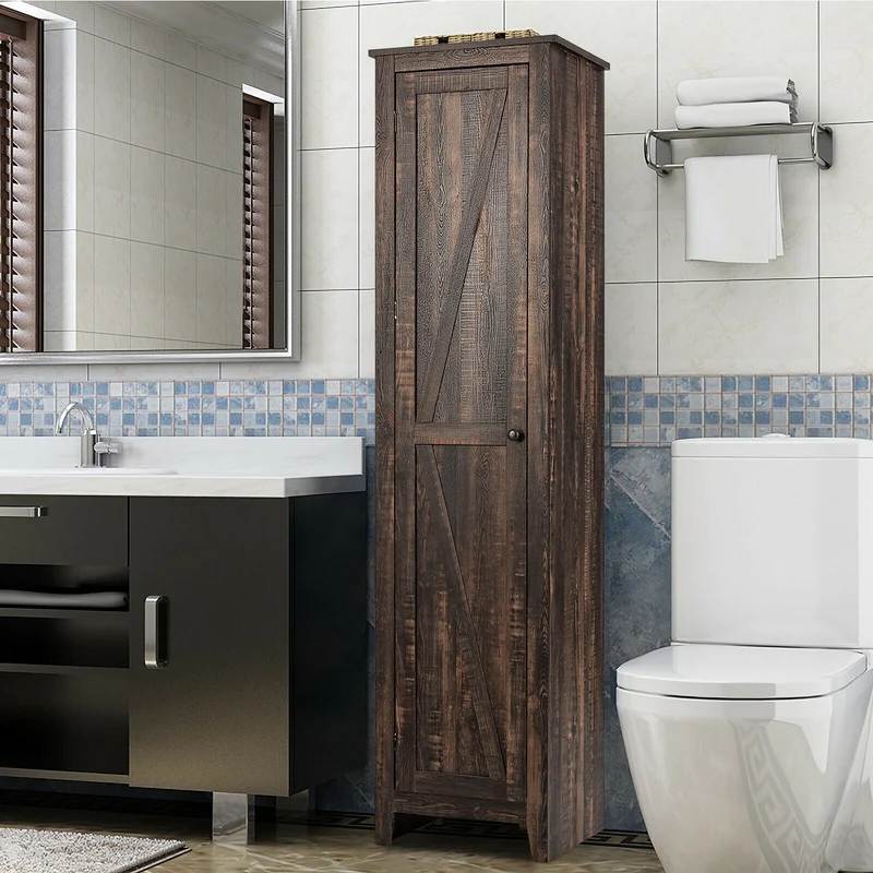 Tall Slim Linen Tower Bathroom Storage Cabinet, Walnut