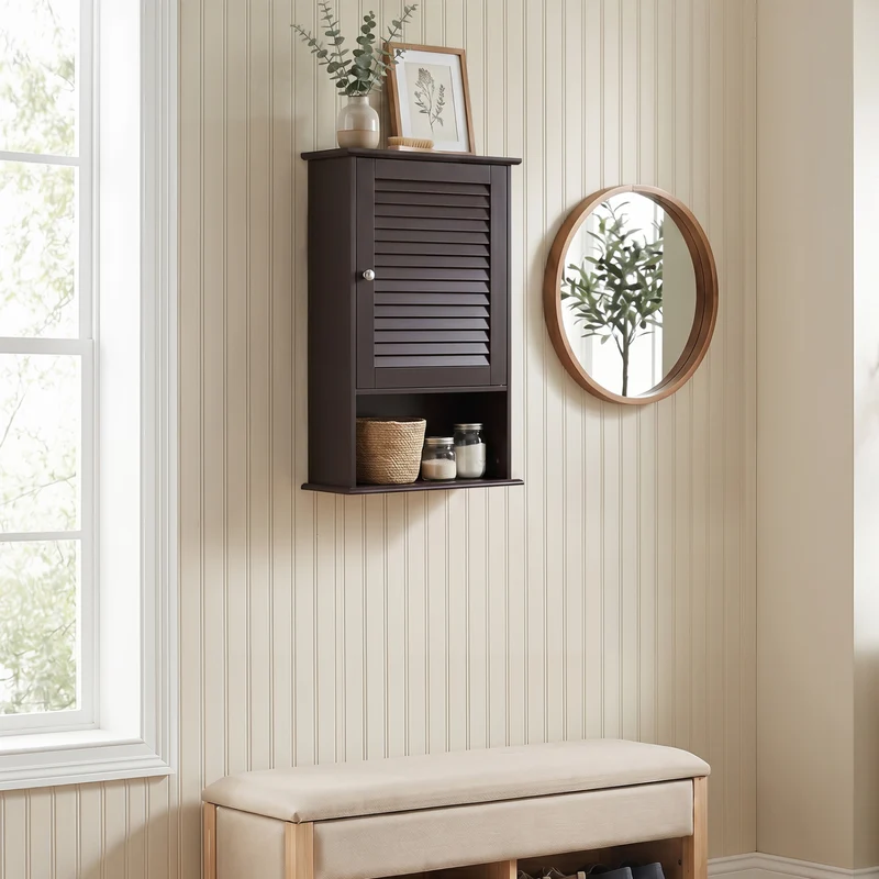 Wall Mount Storage Cabinet, Single Door, Height Adjustable Shelf, Rustic Brown