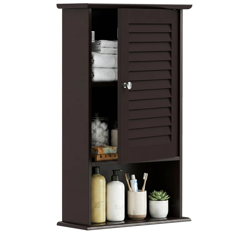 Wall Mount Storage Cabinet, Single Door, Height Adjustable Shelf, Rustic Brown