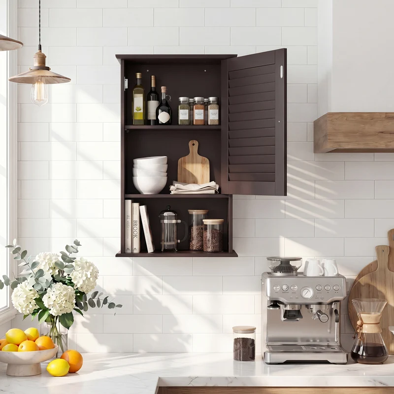 Wall Mount Storage Cabinet, Single Door, Height Adjustable Shelf, Rustic Brown