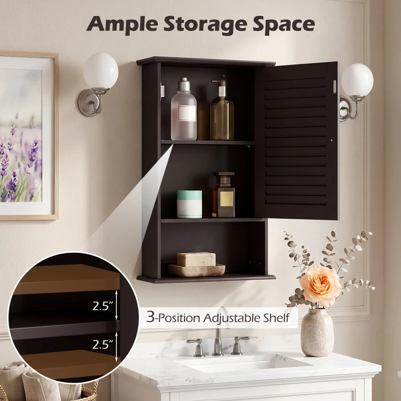 Wall Mount Storage Cabinet, Single Door, Height Adjustable Shelf, Rustic Brown