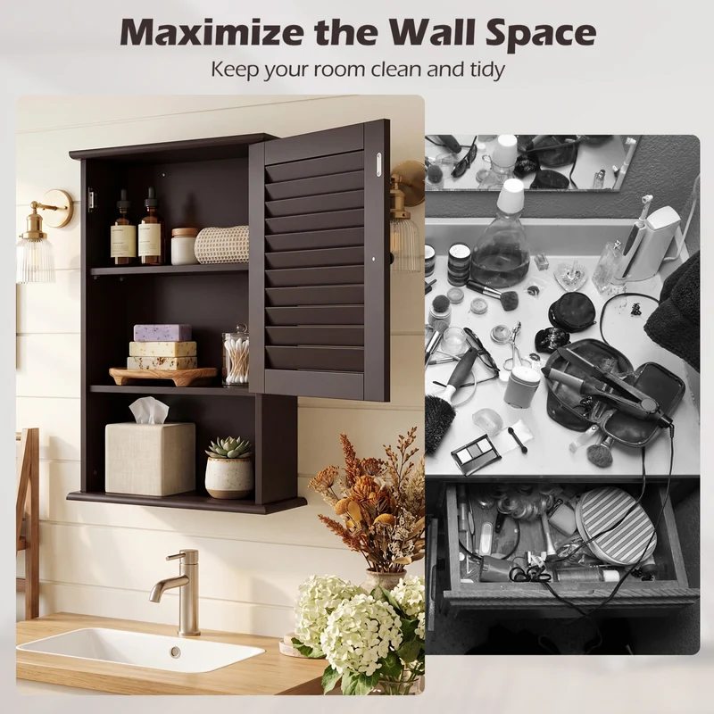 Wall Mount Storage Cabinet, Single Door, Height Adjustable Shelf, Rustic Brown