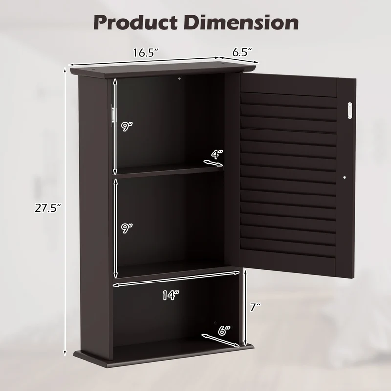 Wall Mount Storage Cabinet, Single Door, Height Adjustable Shelf, Rustic Brown