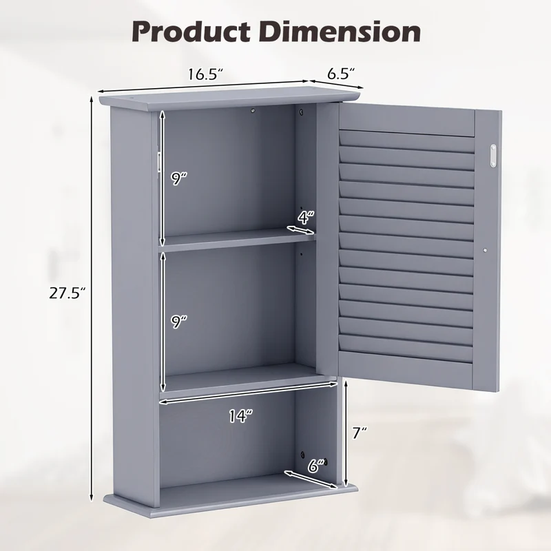 Wall Mount Storage Cabinet, Single Door, Height Adjustable Shelf, Gray