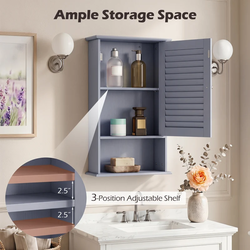 Wall Mount Storage Cabinet, Single Door, Height Adjustable Shelf, Gray