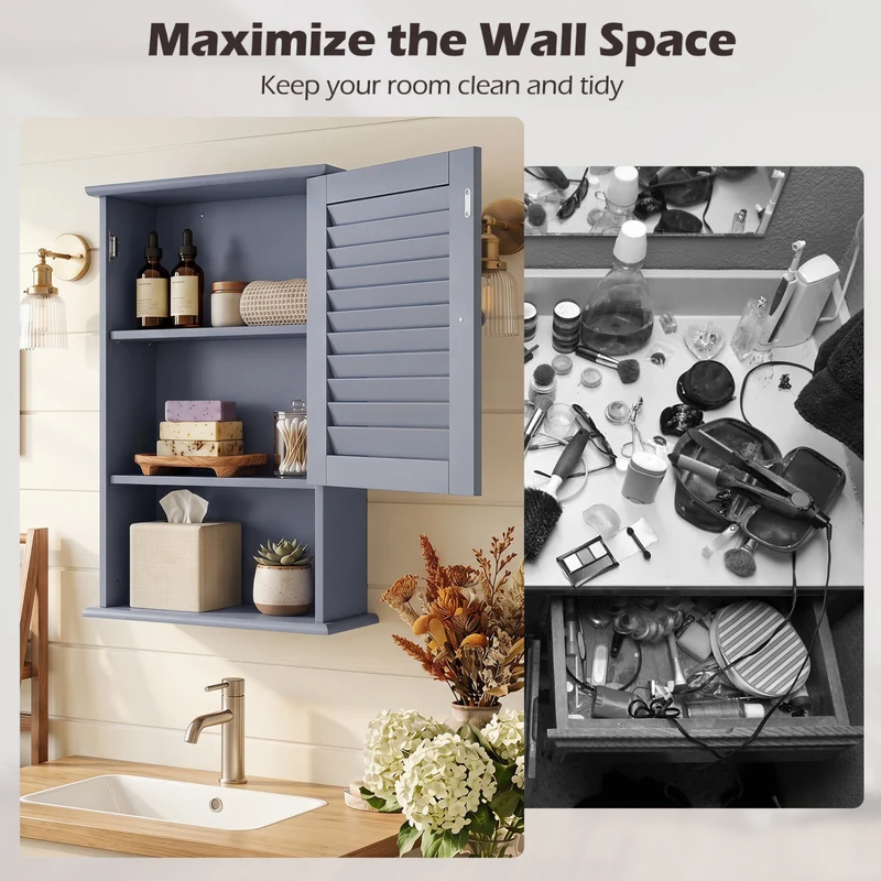 Wall Mount Storage Cabinet, Single Door, Height Adjustable Shelf, Gray