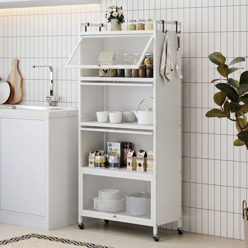 5-Tier Kitchen Storage Cabinet, Adjustable Feet, White