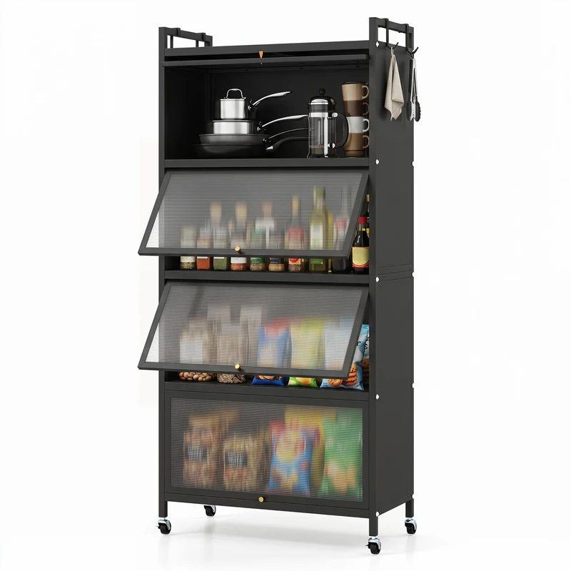 5-Tier Kitchen Cabinet, 4 Flip-Up Doors, Black