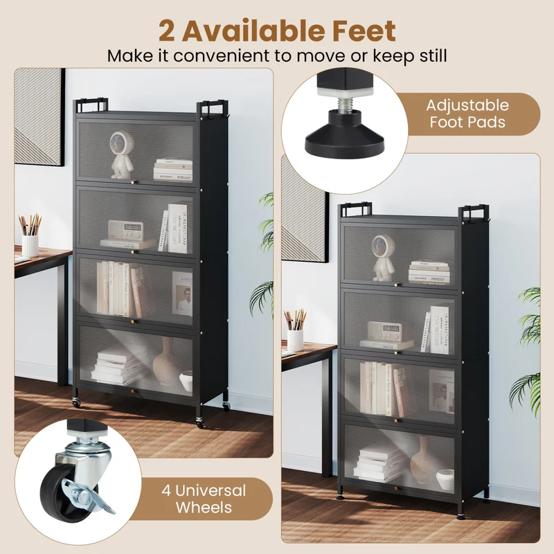 5-Tier Kitchen Cabinet, 4 Flip-Up Doors, Black