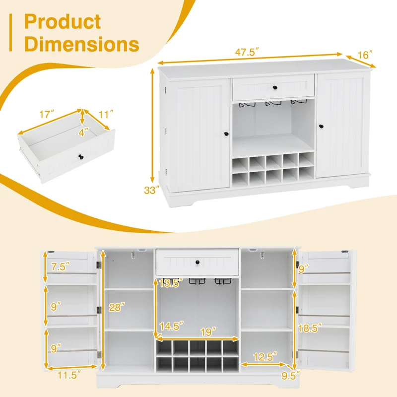 47.2 In Sideboard Cabinet, 10-Bottle Wine Rack, White