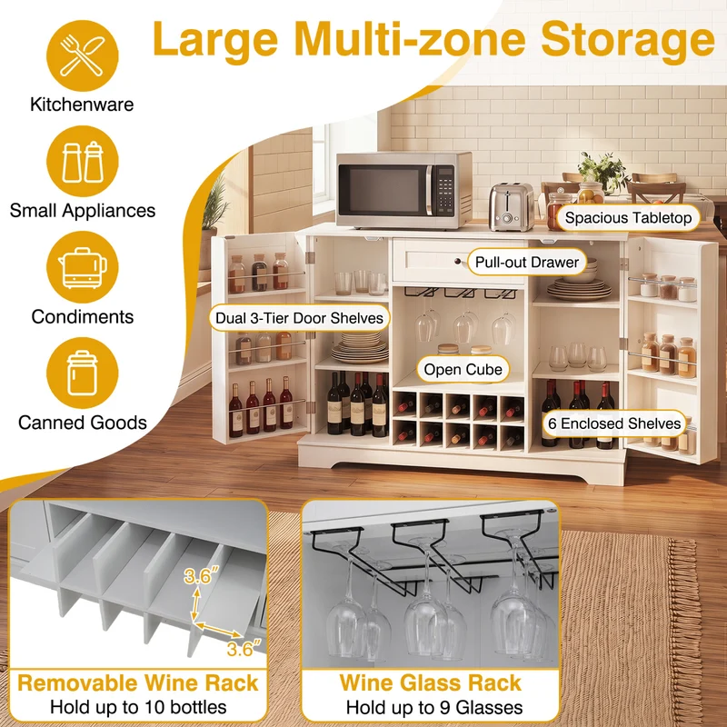 47.2 In Sideboard Cabinet, 10-Bottle Wine Rack, White