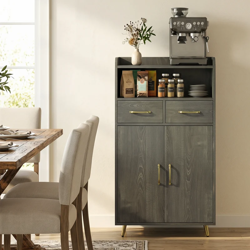 Bathroom Cabinet, Floor Cabinet with 2 Drawers, Oak, Gray
