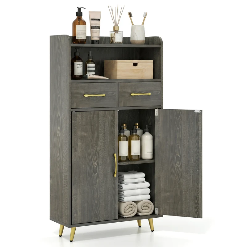 Bathroom Cabinet, Floor Cabinet with 2 Drawers, Oak, Gray