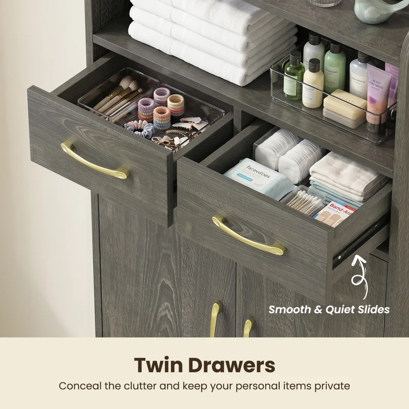 Bathroom Cabinet, Floor Cabinet with 2 Drawers, Oak, Gray