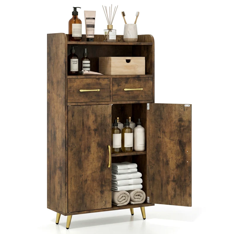 Bathroom Storage Cabinet, 2 Drawers and 2 Doors, Rustic Brown