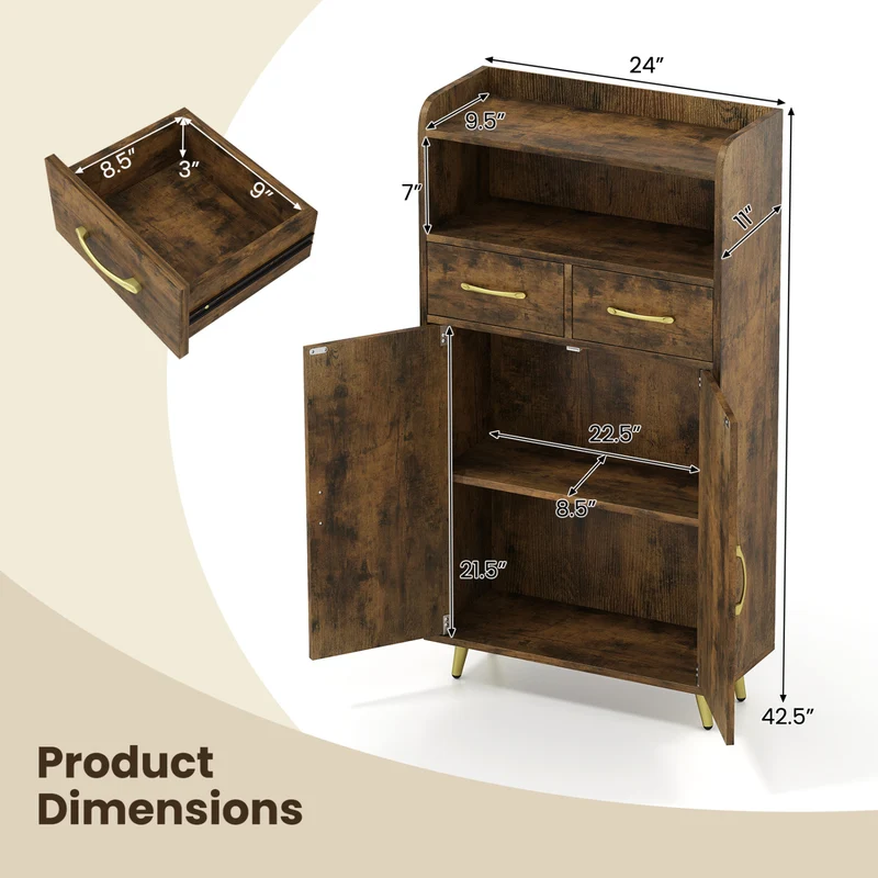Bathroom Storage Cabinet, 2 Drawers and 2 Doors, Rustic Brown