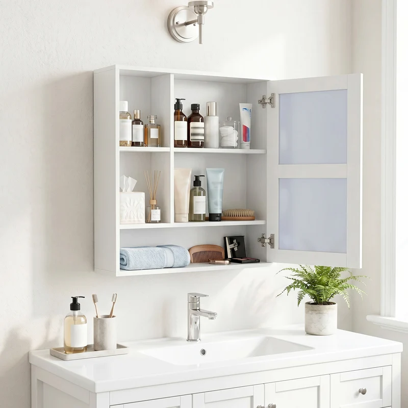 Wall-Mounted Mirror Cabinet, 2 Hidden Shelves, 3 Compartments, White