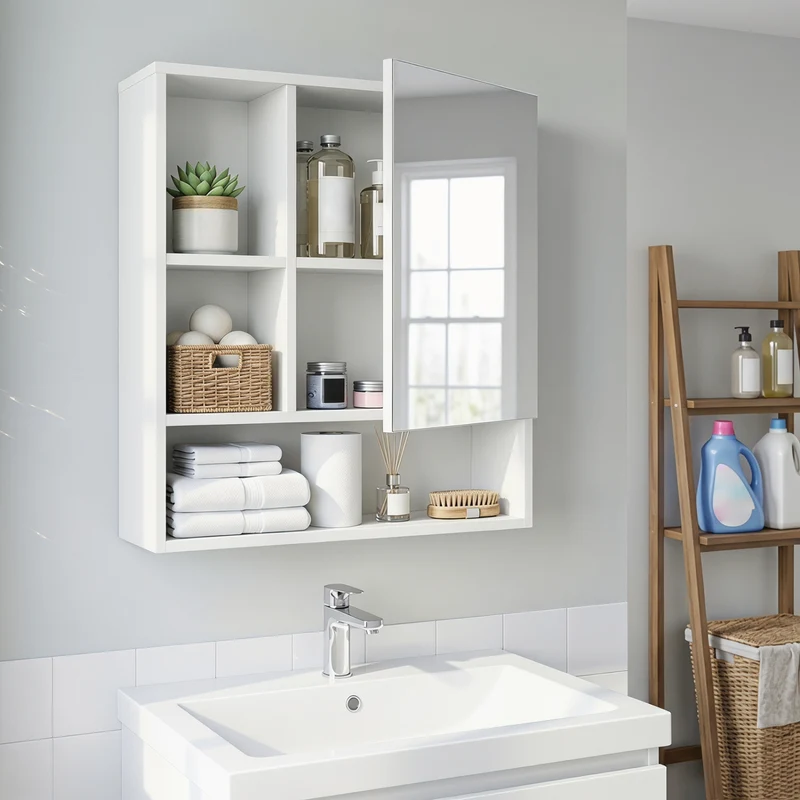 Wall-Mounted Mirror Cabinet, 2 Hidden Shelves, 3 Compartments, White
