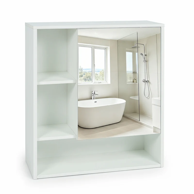 Wall-Mounted Mirror Cabinet, 2 Hidden Shelves, 3 Compartments, White