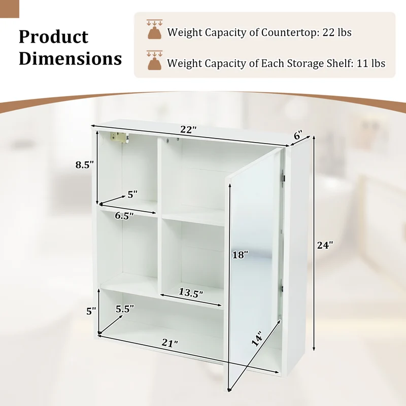 Wall-Mounted Mirror Cabinet, 2 Hidden Shelves, 3 Compartments, White