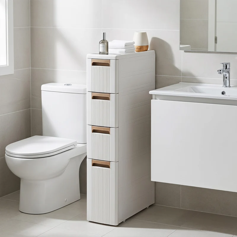 Narrow Storage Cabinet With Drawers, M, Beige