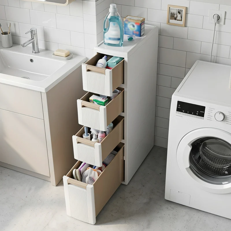 Narrow Storage Cabinet With Drawers, M, Beige