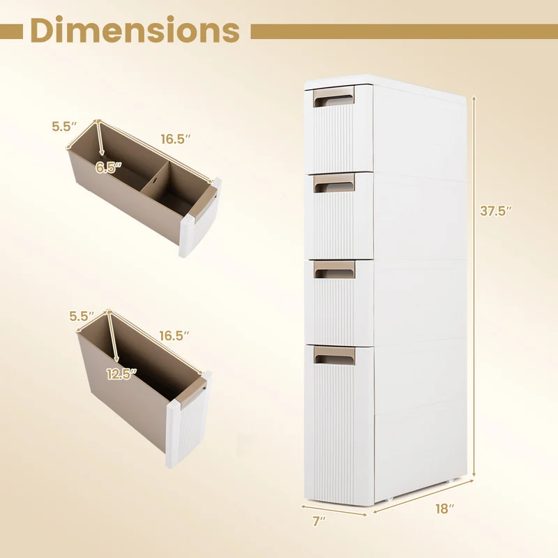 Narrow Storage Cabinet With Drawers, M, Beige