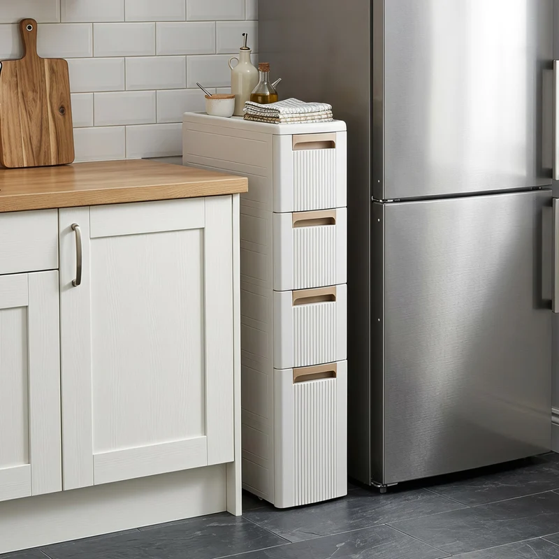 Narrow Storage Cabinet With Drawers, M, Beige
