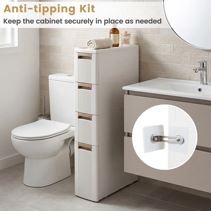 Narrow Storage Cabinet With Drawers, M, Beige