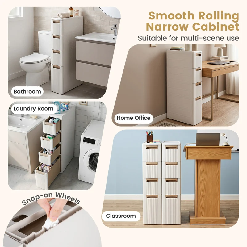 Narrow Storage Cabinet With Drawers, M, Beige