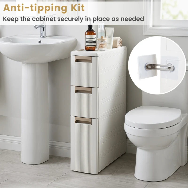 3-Tier Slim Rolling Storage Cart With 3 Drawers, Beige