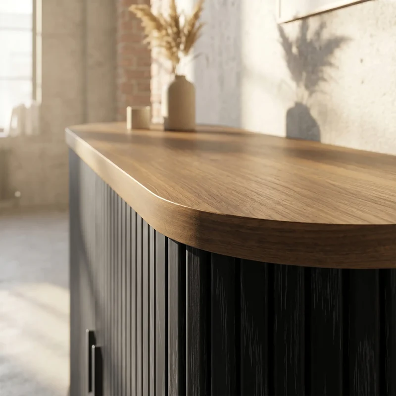 Sideboard Buffet Cabinet with Curved Tambour Doors, Brown/Black
