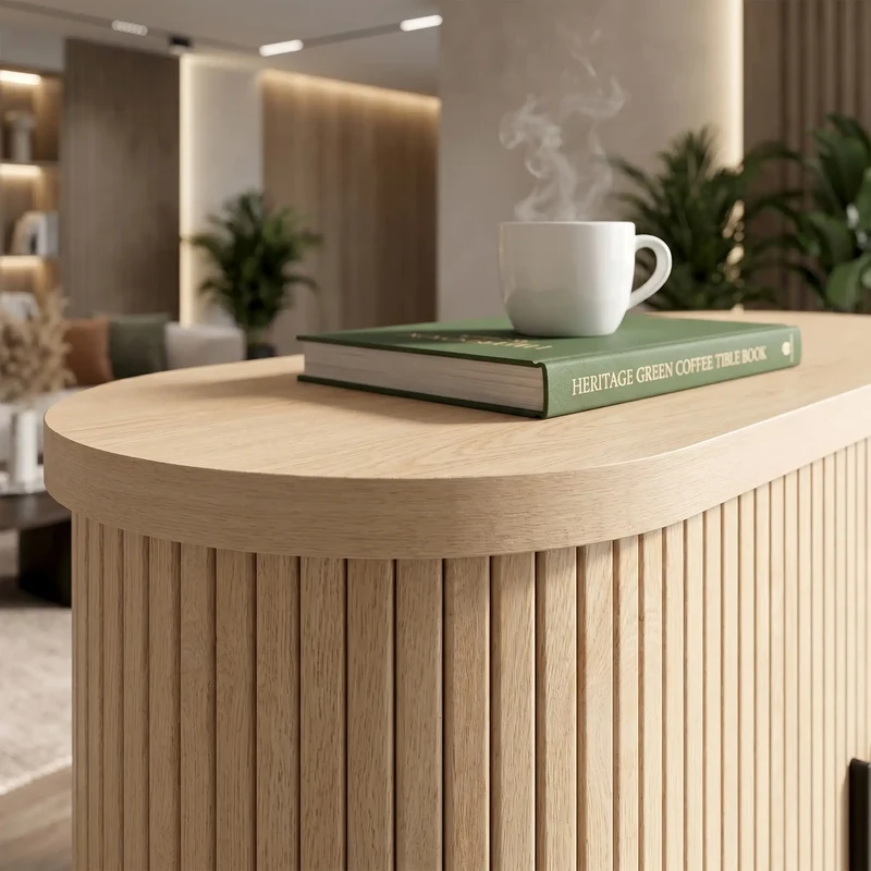 Sideboard Buffet Cabinet, Curved Tambour Doors, Natural Wood