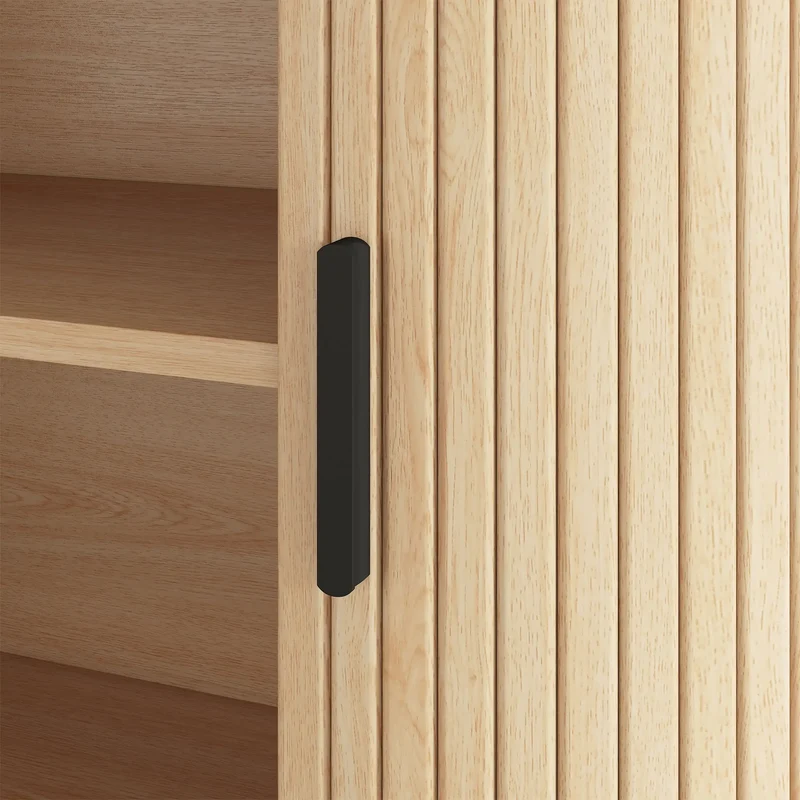 Sideboard Buffet Cabinet with Curved Tambour Doors, Natural Wood, Natural Wood
