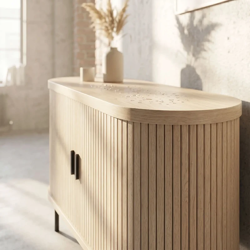 Sideboard Buffet Cabinet with Curved Tambour Doors, Natural Wood, Natural Wood
