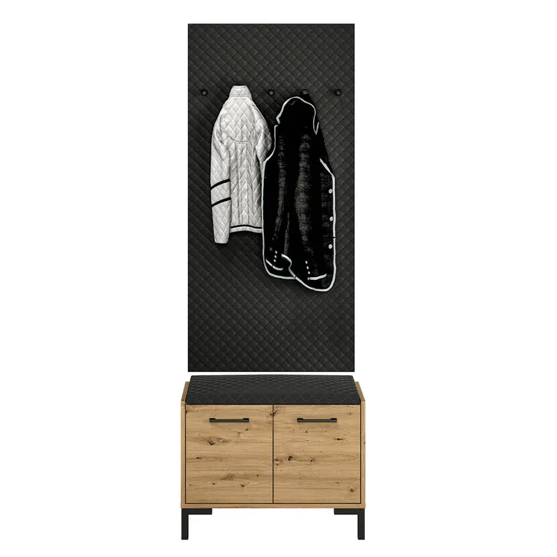 Meuble entrée porte-manteau et banc à chaussures 2 portes Liora Bois et Noir