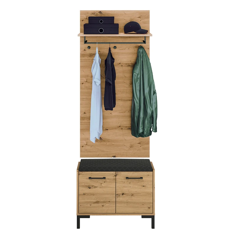 Meuble entrée porte-manteau et banc à chaussures 2 portes Liora Bois