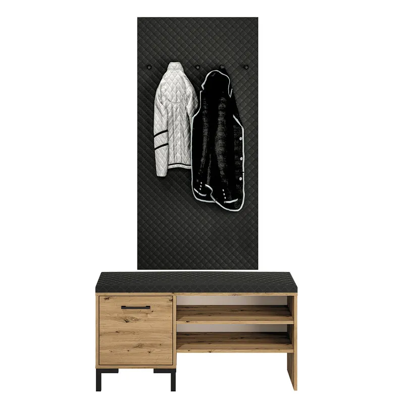 Meuble entrée porte-manteau et banc à chaussures 1 porte Liora Bois et Noir