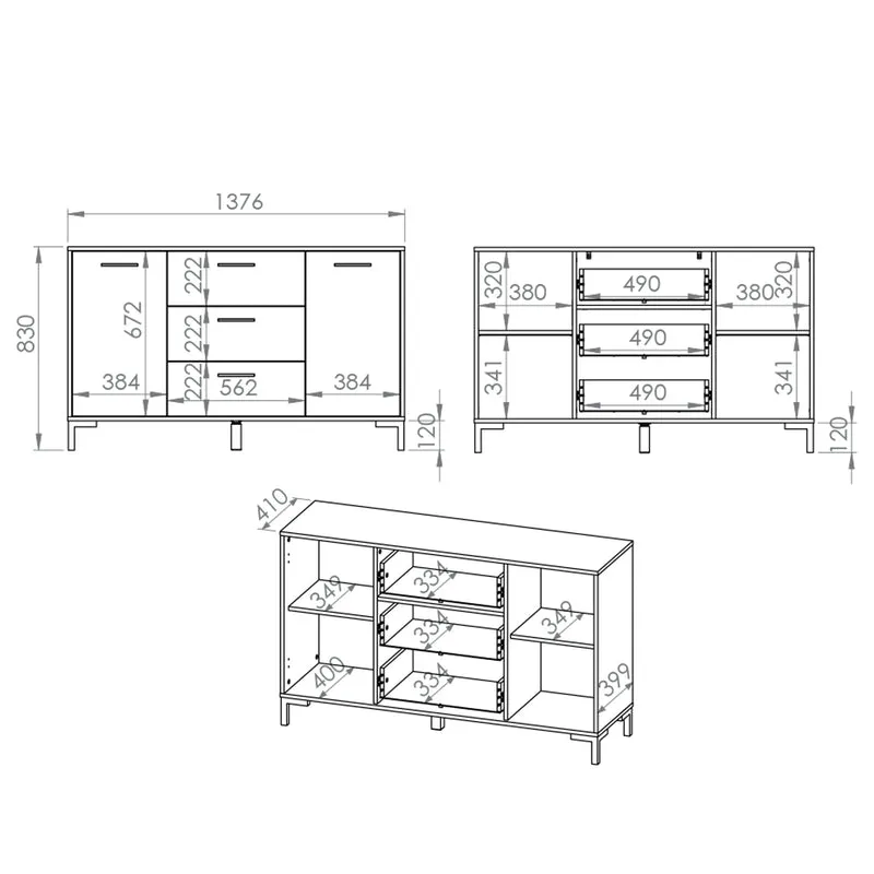 Buffet 2 portes 3 tiroirs 138 cm Liora Bois