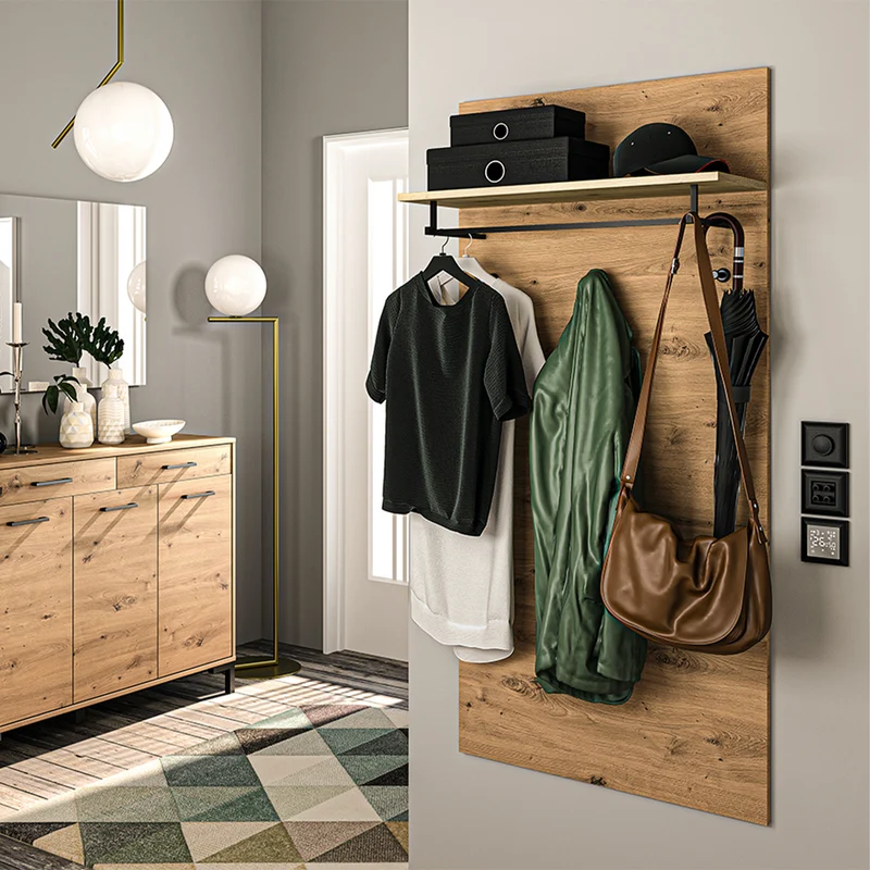 Porte-manteau mural 3 patères 1 étagère Liora Bois
