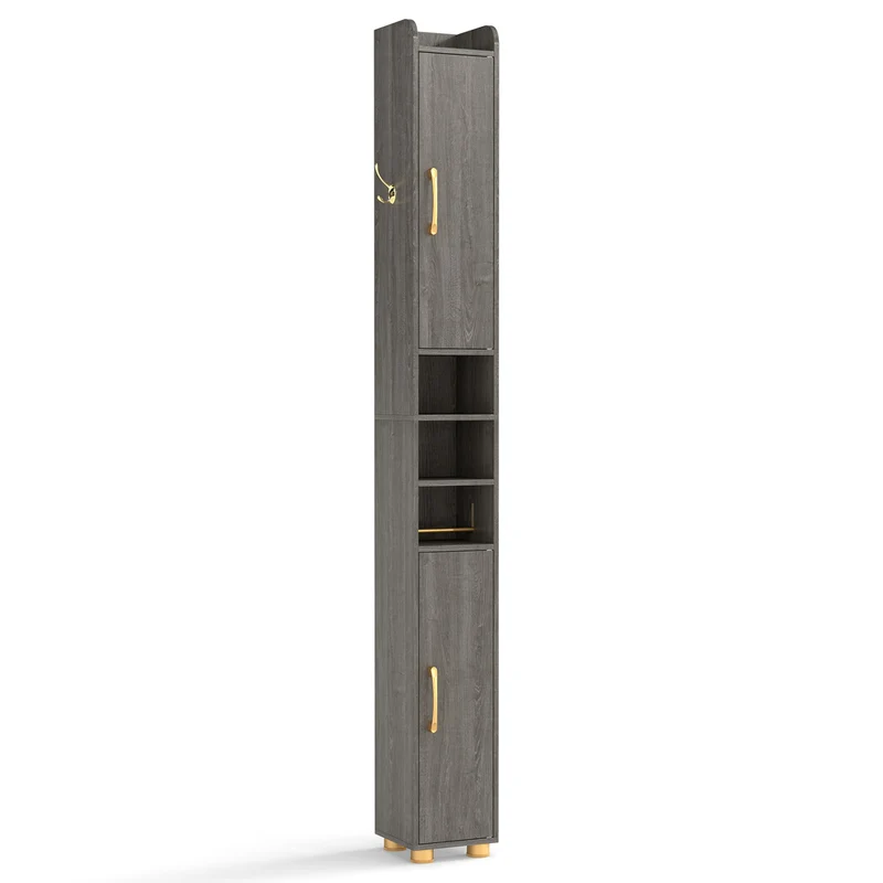 Narrow Bathroom Storage Cabinet, Open Shelves, Toilet Paper Holder, Gray
