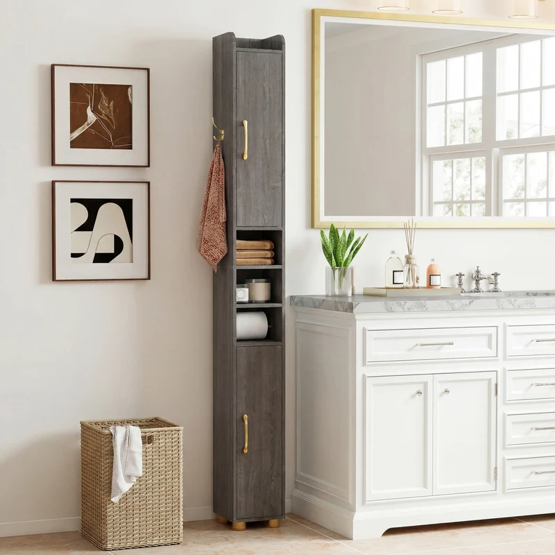 Narrow Bathroom Storage Cabinet, Open Shelves, Toilet Paper Holder, Gray