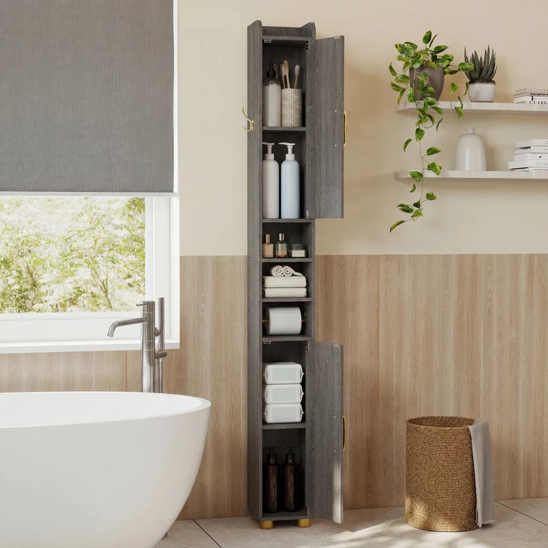 Narrow Bathroom Storage Cabinet, Open Shelves, Toilet Paper Holder, Gray