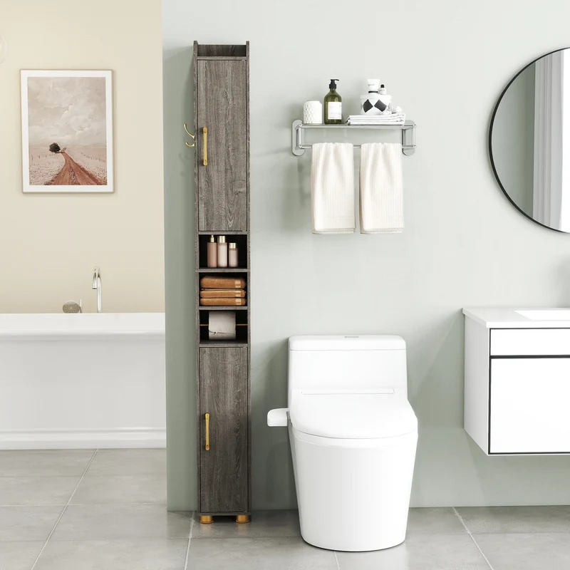 Narrow Bathroom Storage Cabinet, Open Shelves, Toilet Paper Holder, Gray