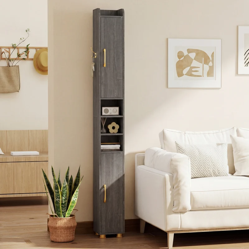 Narrow Bathroom Storage Cabinet, Open Shelves, Toilet Paper Holder, Gray