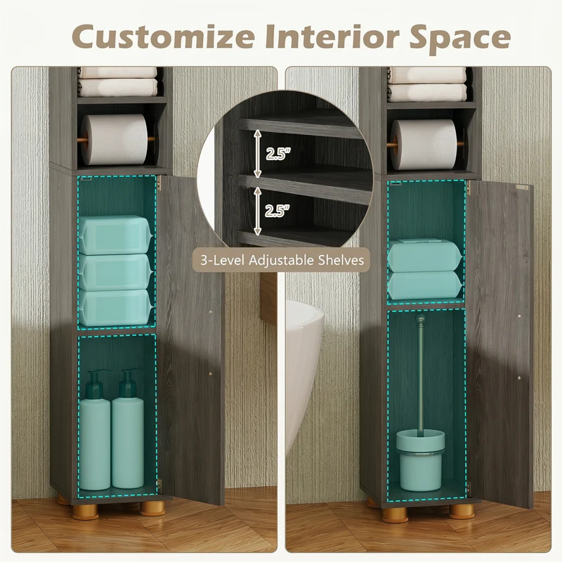 Narrow Bathroom Storage Cabinet, Open Shelves, Toilet Paper Holder, Gray