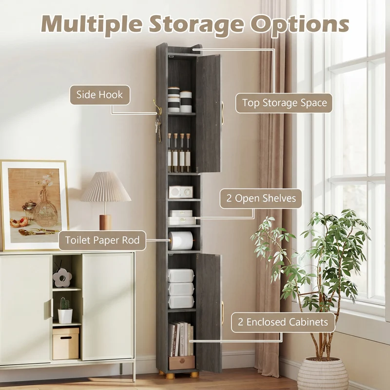 Narrow Bathroom Storage Cabinet, Open Shelves, Toilet Paper Holder, Gray